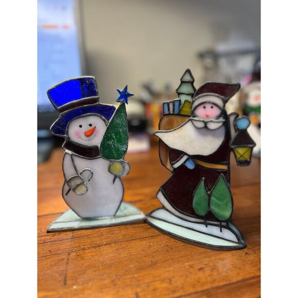 Snowman Tabletop Decor Set 5 Stained Glass Christmas Holder Candle - Picture 2 of 7